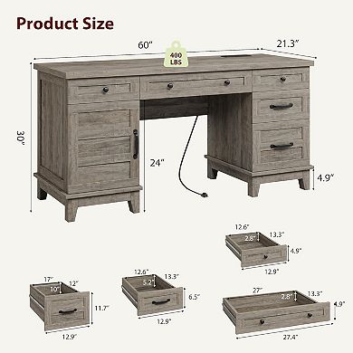 60" Wooden Home Office Desk with Built-in Power Outlet, Farmhouse Executive Desk, Rectangular Table