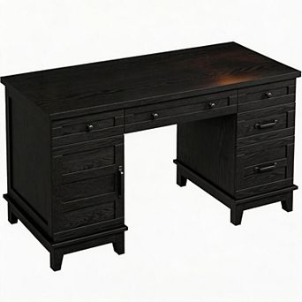 60" Wooden Home Office Desk with Built-in Power Outlet, Farmhouse Executive Desk, Rectangular Table