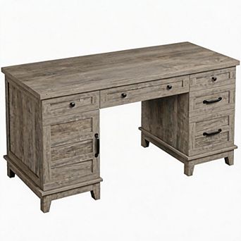 60" Wooden Home Office Desk with Built-in Power Outlet, Farmhouse Executive Desk, Rectangular Table