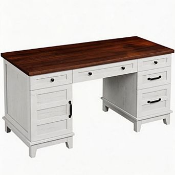 60" Wooden Home Office Desk with Built-in Power Outlet, Farmhouse Executive Desk, Rectangular Table