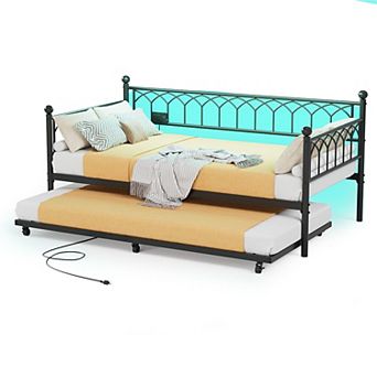 Heavy Duty Metal Daybed with Pop-Up Trundle, Charging Station & LED Lights, for Bedroom