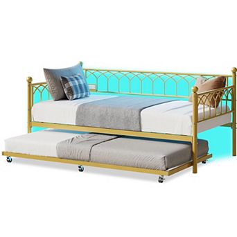 Heavy Duty Metal Daybed with Pop-Up Trundle, Charging Station & LED Lights, for Bedroom