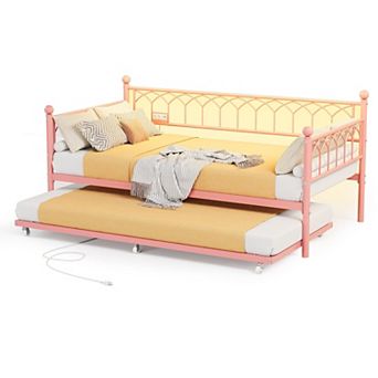 Heavy Duty Metal Daybed with Pop-Up Trundle, Charging Station & LED Lights, for Bedroom