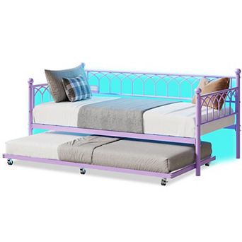 Heavy Duty Metal Daybed with Pop-Up Trundle, Charging Station & LED Lights, for Bedroom