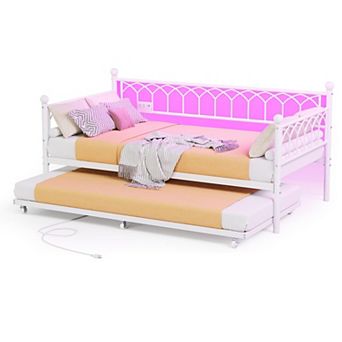 Heavy Duty Metal Daybed with Pop-Up Trundle, Charging Station & LED Lights, for Bedroom