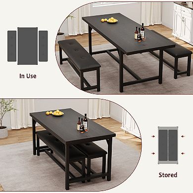 3-Piece 63" Extendable Dining Table Set for 4-6, 2 Upholstered Benches, Large Rectangular Table
