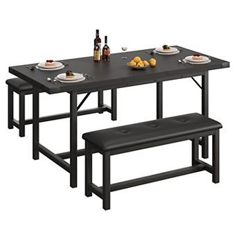 3 pc 63" Extendable Dining Table Set for 4-6, 2 Upholstered Benches, Large Rectangular Table