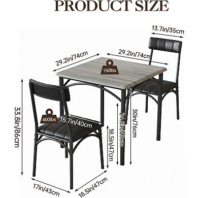 3 Piece Dining Table and Chairs Set for 2, Compact Kitchen Table with 2 PU Upholstered Chairs