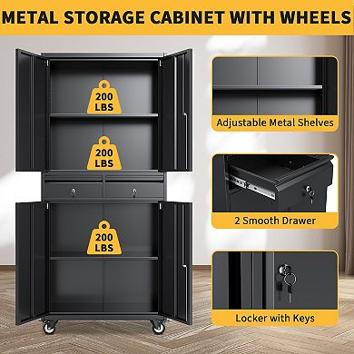 73" Metal File Cabinet for Office, 2 Drawers, Locking Doors, Adjustable Shelves, Mobile Wheels
