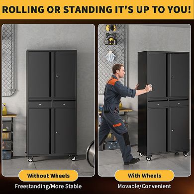 73" Metal File Cabinet for Office, 2 Drawers, Locking Doors, Adjustable Shelves, Mobile Wheels