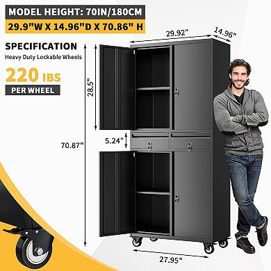 73" Metal File Cabinet for Office, 2 Drawers, Locking Doors, Adjustable Shelves, Mobile Wheels