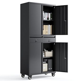 73" Metal File Cabinet for Office, 2 Drawers, Locking Doors, Adjustable Shelves, Mobile Wheels