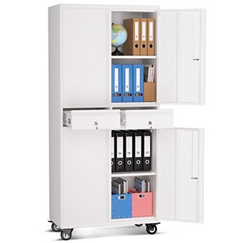 73" Metal File Cabinet for Office, 2 Drawers, Locking Doors, Adjustable Shelves, Mobile Wheels