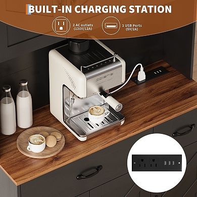 Kitchen Pantry Storage Cabinet Organizer with Charging Station and Drawers