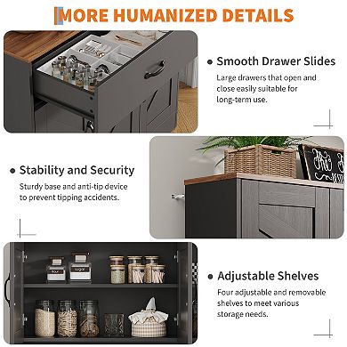 Kitchen Pantry Storage Cabinet Organizer with Charging Station and Drawers