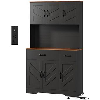 Kitchen Pantry Storage Cabinet Organizer with Charging Station and Drawers