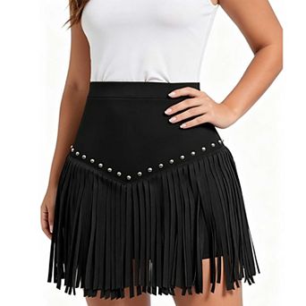 Women's Tassel Fringe Mini Skirt, Elastic Waist A-Line Skort with Inner Shorts
