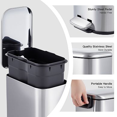 Compact Stainless Steel Trash Can, Removable Inner Bucket, Durable Pedal, Portable Handle