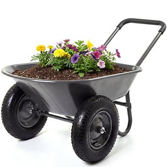 Heavy-Duty Garden Wheelbarrow Cart with Built-in Stand, 4-Wheel Utility Wagon for Home, Yard