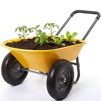 Heavy-Duty Garden Wheelbarrow Cart with Built-in Stand, 4-Wheel Utility Wagon for Home, Yard