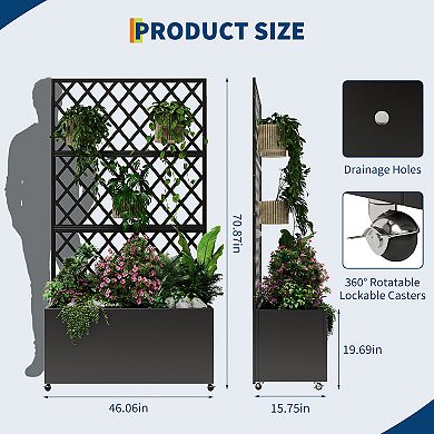 Mobile Galvanized Steel Raised Garden Bed Kit with Trellis & Privacy Screen for Vegetables, Flowers