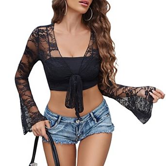 Avidlove Women Elegant Bell Sleeve Sheer Floral Lace Shrug Tie Front Bolero Summer Casual Short
