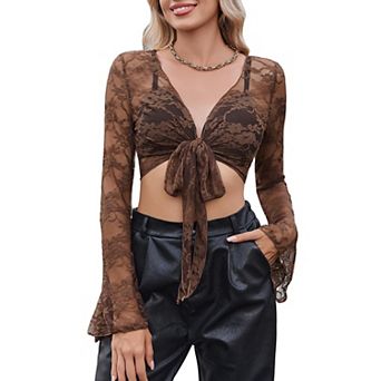 Avidlove Women Elegant Bell Sleeve Sheer Floral Lace Shrug Tie Front Bolero Summer Casual Short