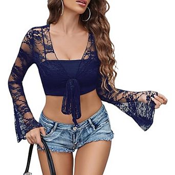 Avidlove Women Elegant Bell Sleeve Sheer Floral Lace Shrug Tie Front Bolero Summer Casual Short