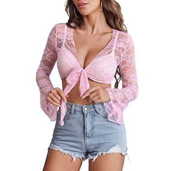 Avidlove Women Elegant Bell Sleeve Sheer Floral Lace Shrug Tie Front Bolero Summer Casual Short