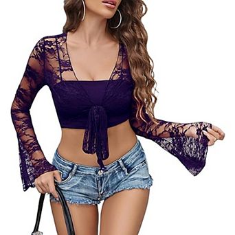 Avidlove Women Elegant Bell Sleeve Sheer Floral Lace Shrug Tie Front Bolero Summer Casual Short