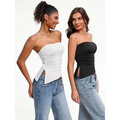 Avidlove Womens Double Lined Strapless Tube Top Asymmetrical Hem Ruched Casual Summer Basic Top