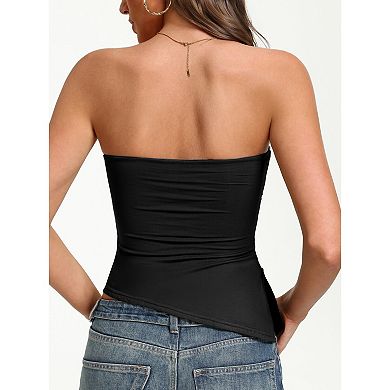 Avidlove Womens Double Lined Strapless Tube Top Asymmetrical Hem Ruched Casual Summer Basic Top