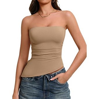 Avidlove Womens Double Lined Strapless Tube Top Asymmetrical Hem Ruched Casual Summer Basic Top