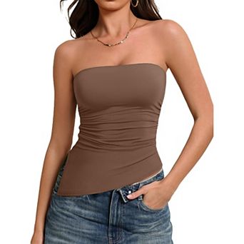 Avidlove Womens Double Lined Strapless Tube Top Asymmetrical Hem Ruched Casual Summer Basic Top