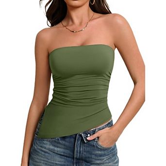 Avidlove Womens Double Lined Strapless Tube Top Asymmetrical Hem Ruched Casual Summer Basic Top