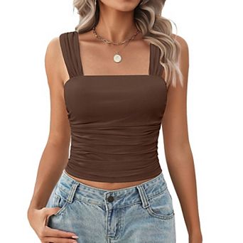 Avidlove Women Mesh Square Neck Cute Tank Going Out Top Ruched Crop Y2K Wide Strap Summer Outfits