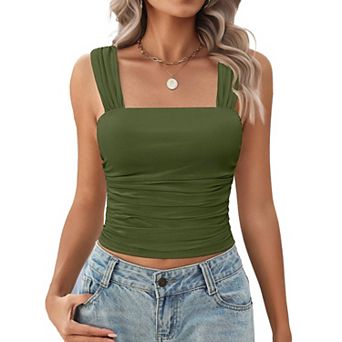 Avidlove Women Mesh Square Neck Cute Tank Going Out Top Ruched Crop Y2K Wide Strap Summer Outfits