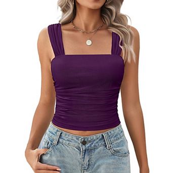 Avidlove Women Mesh Square Neck Cute Tank Going Out Top Ruched Crop Y2K Wide Strap Summer Outfits