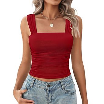 Avidlove Women Mesh Square Neck Cute Tank Going Out Top Ruched Crop Y2K Wide Strap Summer Outfits