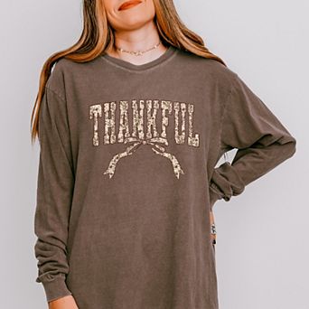 Thankful Floral Coquette - Women's Garment Dyed Long Sleeve Graphic T-Shirt