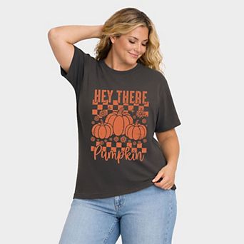 Hey There Pumpkin Checkered - Women's Plus Sized Garment Dyed Graphic T-Shirt