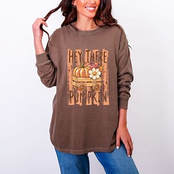 Hey There Pumpkin Stripes - Women's Garment Dyed Long Sleeve Graphic T-Shirt