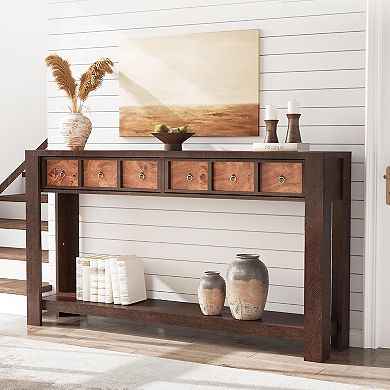 Farmhouse Console Table, Wooden Dining Table, 2 Drawers, Open Shelf, for Slim Entryway, Sofa Table