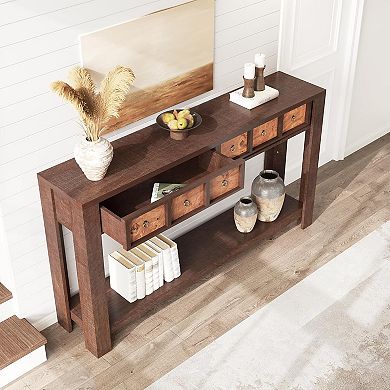 Farmhouse Console Table, Wooden Dining Table, 2 Drawers, Open Shelf, for Slim Entryway, Sofa Table