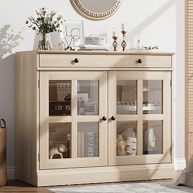 Kitchen Storage Cabinet, 2 Glass Door Buffet Sideboard with a Large Storage Drawer for Dining Room