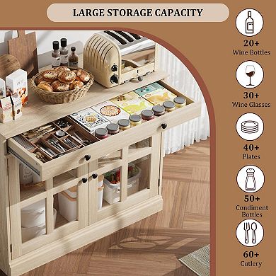 Kitchen Storage Cabinet, 2 Glass Door Buffet Sideboard with a Large Storage Drawer for Dining Room