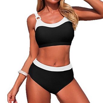 Women's Color Block Sporty Bikini Set Adjustable Buckle Strap High Waist Two-Piece Swimsuit