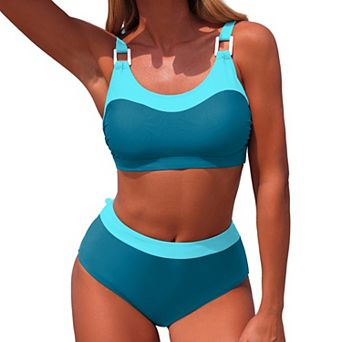 Women's Color Block Sporty Bikini Set Adjustable Buckle Strap High Waist Two-Piece Swimsuit