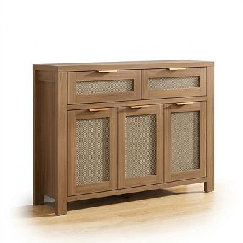 Rattan Buffet Cabinet, 2 Drawers, Adjustable Shelf, High-Leg Storage Cabinet with Anti-Tip Hardware