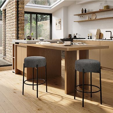 Round Bar Stools Set of 2, Backless Bar Stools, Upholstered with Foot Rest for Kitchen Island